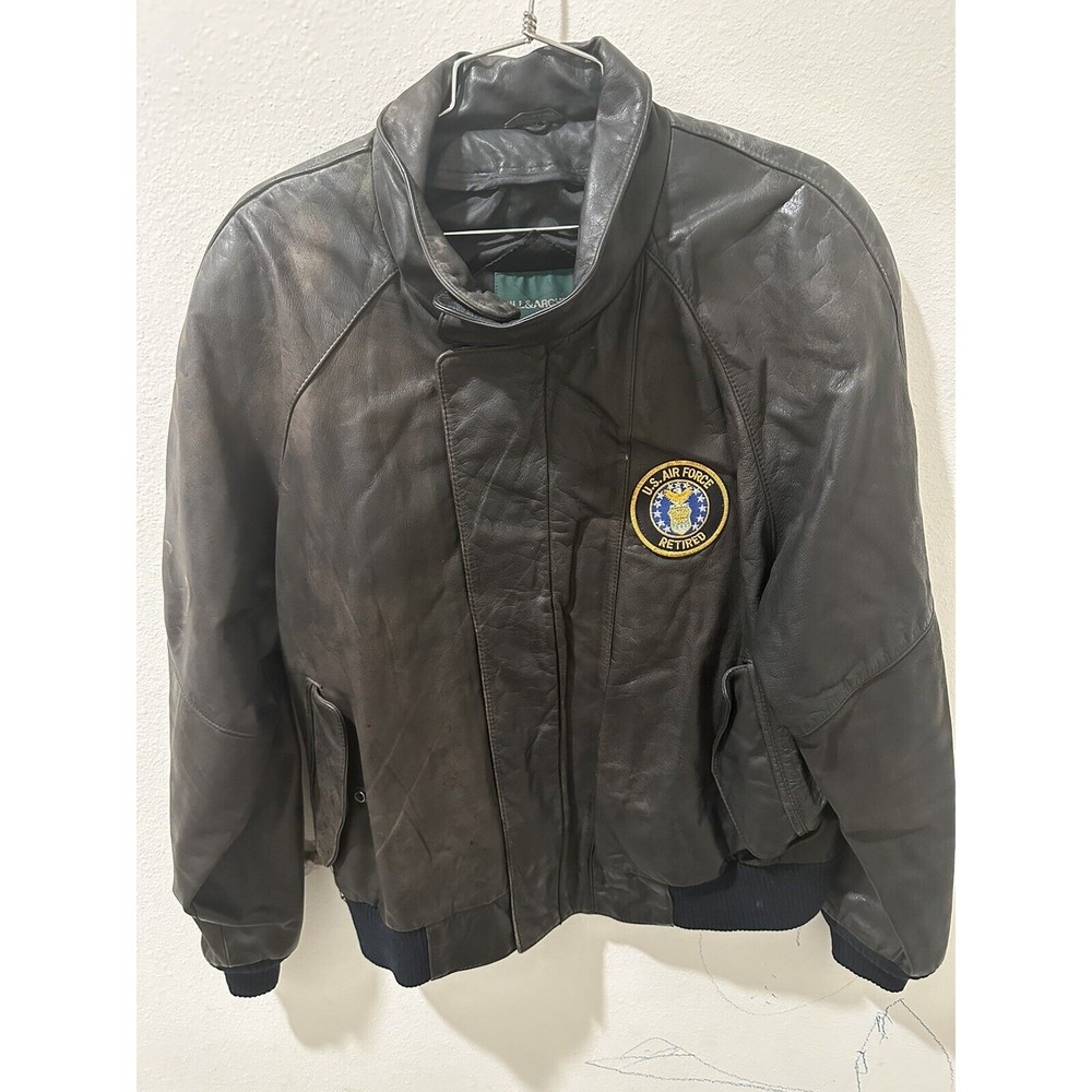 Hill Archer Leather Jacket Mens Size 44 With Patches "Retired Air Force"